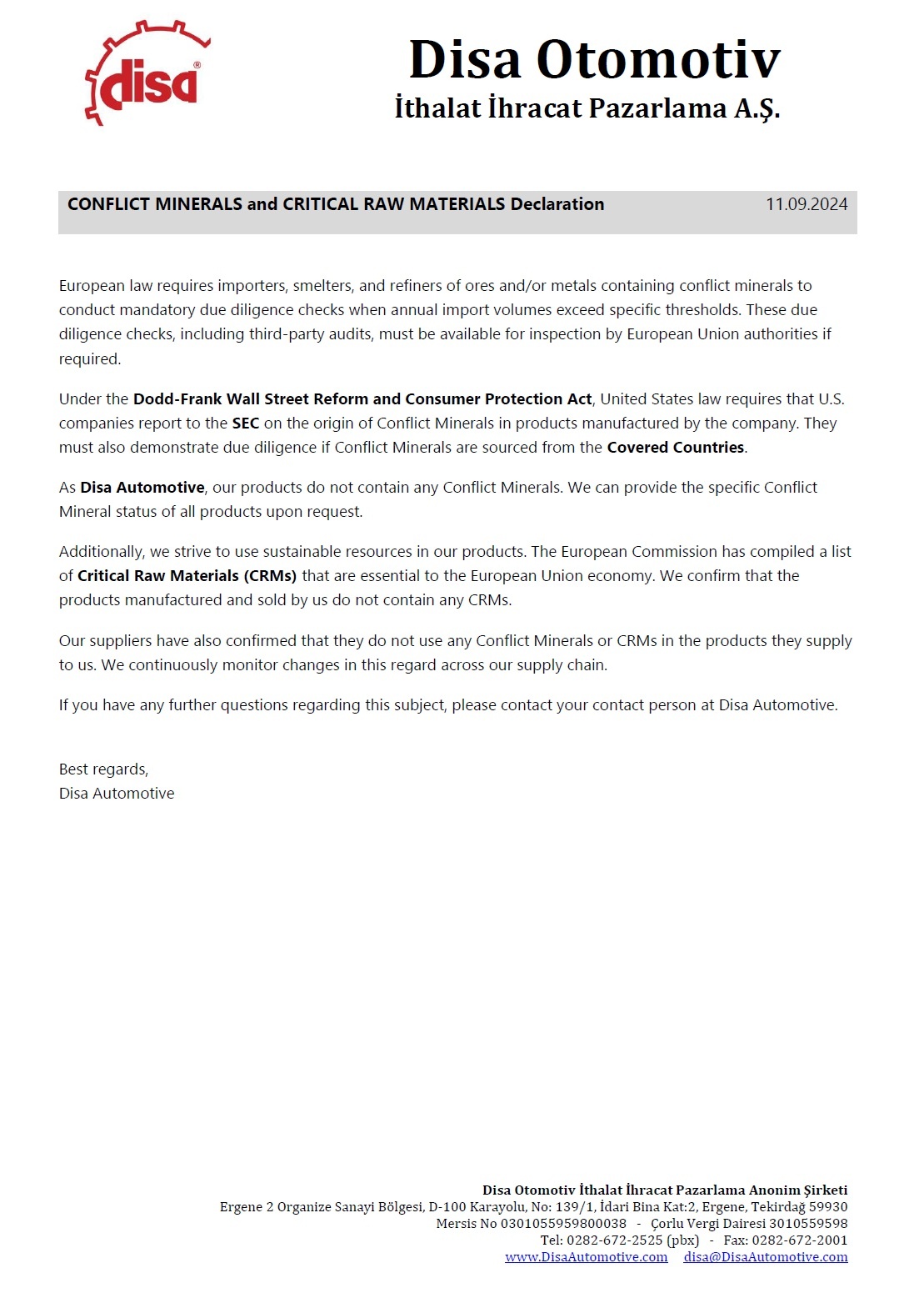 Conflict Minerals and Critical Raw Materials Declaration